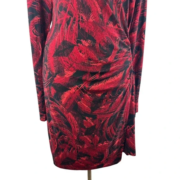 Norma Kamali Faux Wrap Dress Red & Black Feather Print Size XXL 2XL Office Chic - Picture 7 of 16